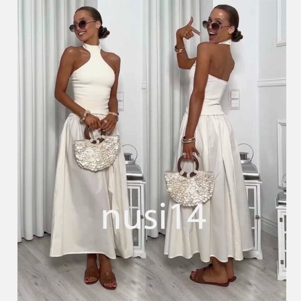 ZARA NEW WOMAN MIDI COMBINATION HALTER DRESS OPEN-BACK ECRU 4174/202 MEDIUM M